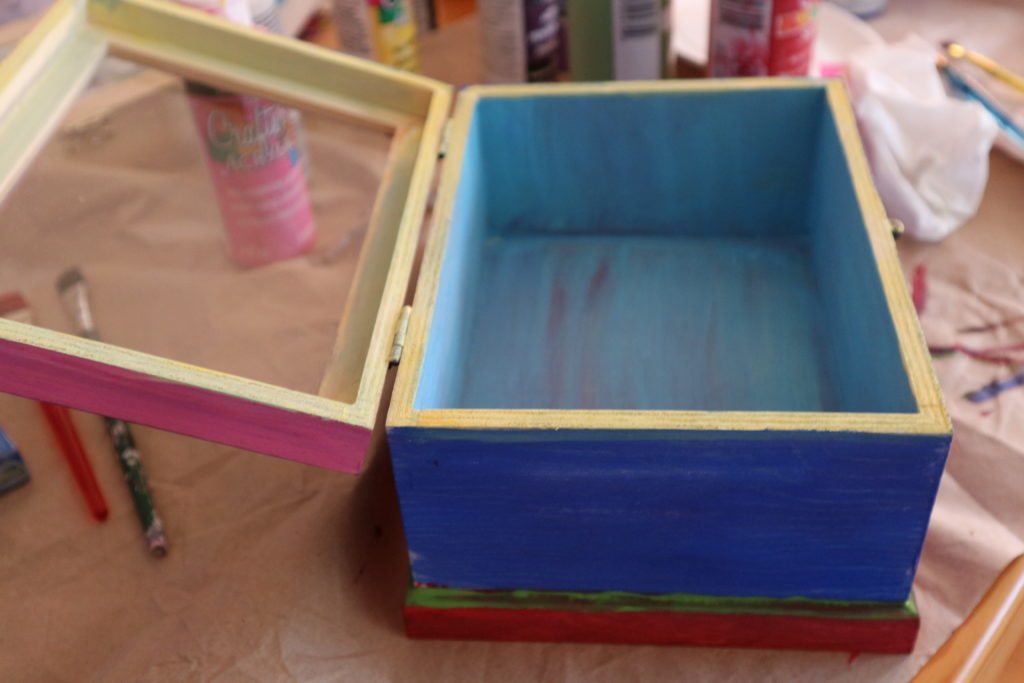 How to make a jewelry box from a dollar store bare wood treasure box. Easy kids crafts! mybrightideasblog.com