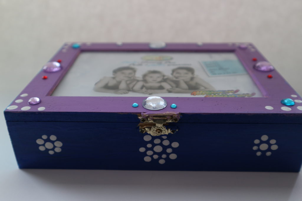 How to make a jewlelry box from a dollar store bare wood treasure box. Easy kids crafts! mybrightideasblog.com