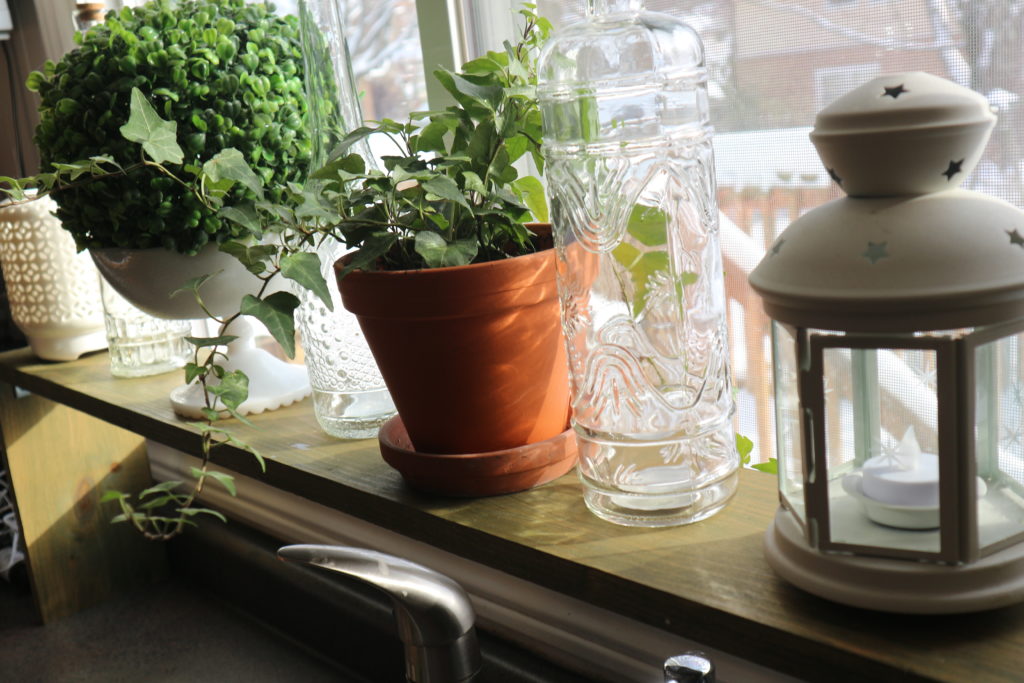 Shelf built over sink with plants and bottles for decoration.
