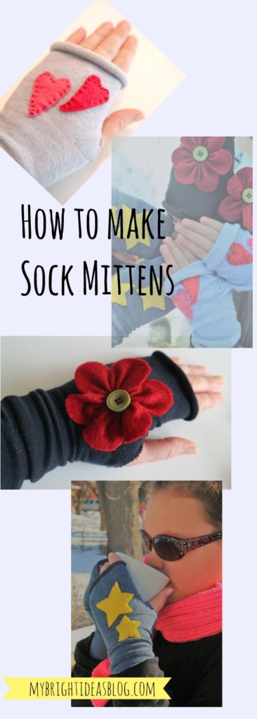DIY for Fingerless Gloves out of socks. Then hand sew felt on to decorate it. Super Easy!