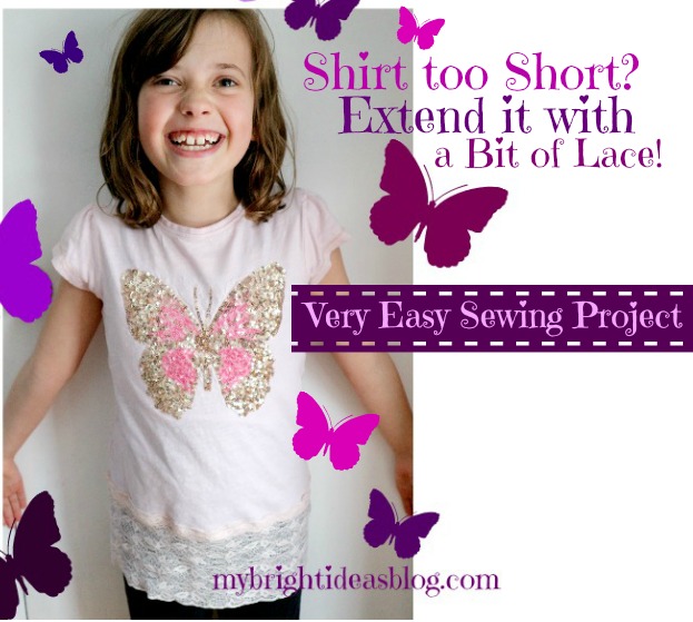 How to make your t-shirt longer. Lengthen a top with lace trim. Fix it with a t-shirt refashion makeover. mybrightideasblog.com