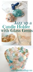 Make a Beautiful Vase or Candle Holder buy adding flat sided marbles or glass gems with hot glue. mybrightideasblog.com