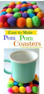 Easy to Make Pom Pom and Cork Coasters. Use hot glue to attach the pompoms to the cork. Very cheery colors! mybrightideasblog.com