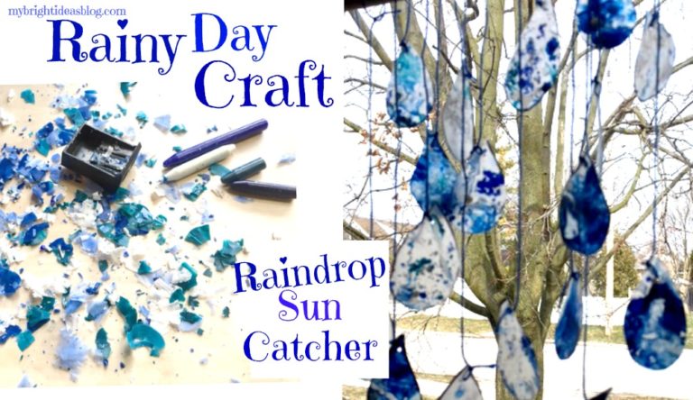 Looking for a rainy day craft? Raindrop Window SunCatcher- You'll need blue crayon shavings, wax paper, an iron and blue string! mybrightideasblog.com