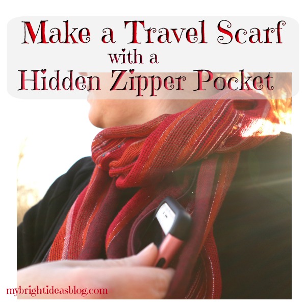Easy sewing project. This tutorial shows you how to make an infinity scarf with a hidden zipper pocket to hide your phone or passport. Great idea! Mybrightideasblog.com