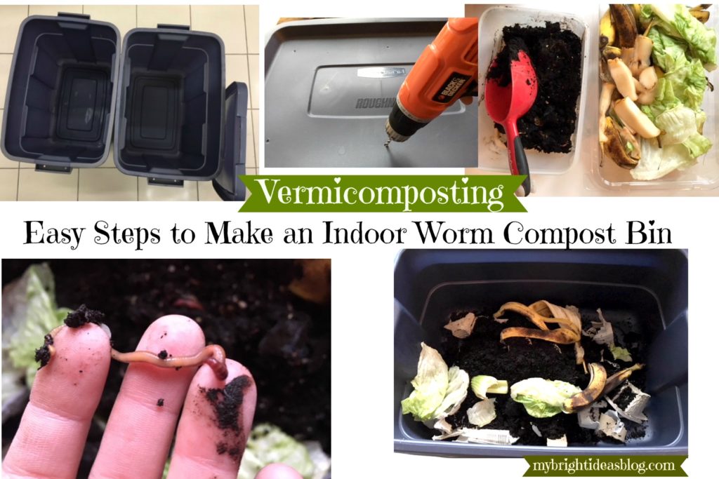 Easy to Set up Rubbermaid bin Indoor Compost Bin using Red Wiggler Worms mybrightideasblog.com