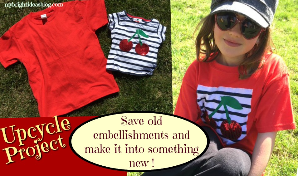 Take the embelishments off an old shirt and sew it onto a plain new one. Great way to save a keepsake of the kids clothes. Easy upcycle project! mybrightideasblog.com