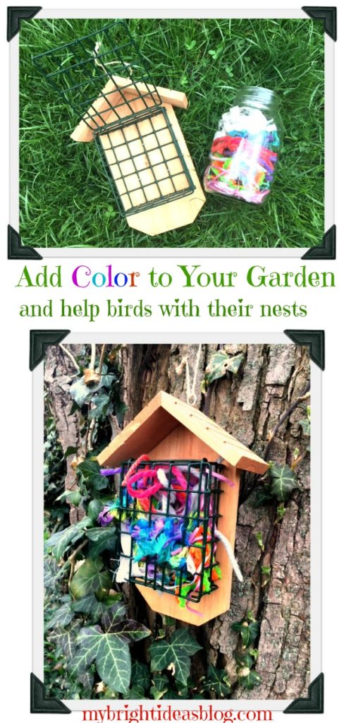 Provide Bird Nest Material of yarn and ribbons while adding color to your garden. Easy project kids can do! mybrightideasblog.com