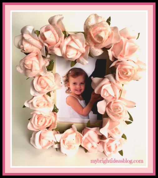 Beautiful Craft Idea! Hot glue roses to a wood photo frame. Perfect gift idea for wedding, baby shower, daughter's bedroom etc. Done for $5.00 in 5 minutes! mybrightideasblog.com