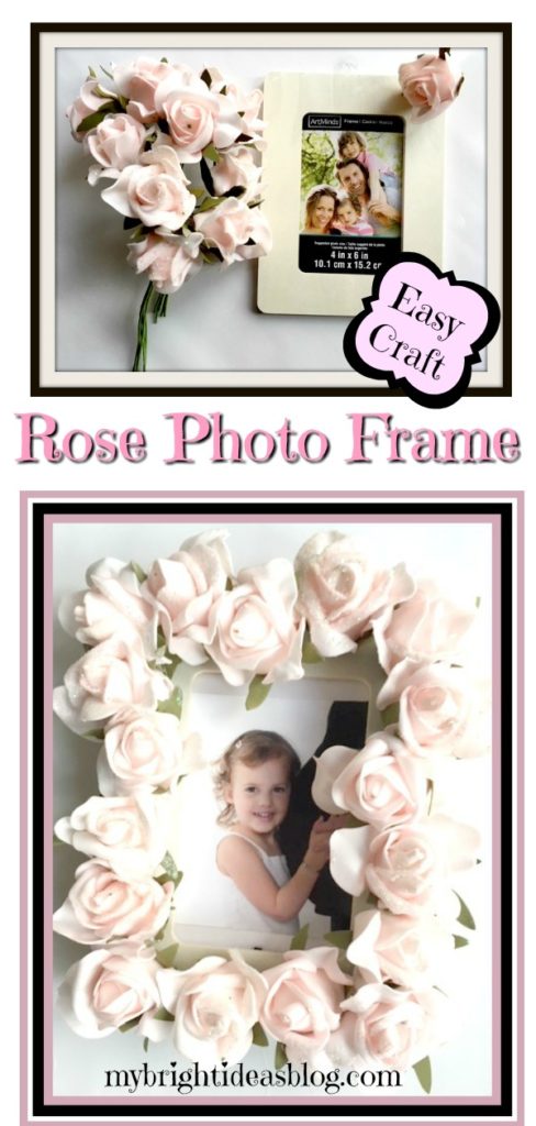Make a pretty Photo Frame by gluing on flowers. Great baby shower gift or wedding present! Easy beautiful craft! mybrightideasblog.com