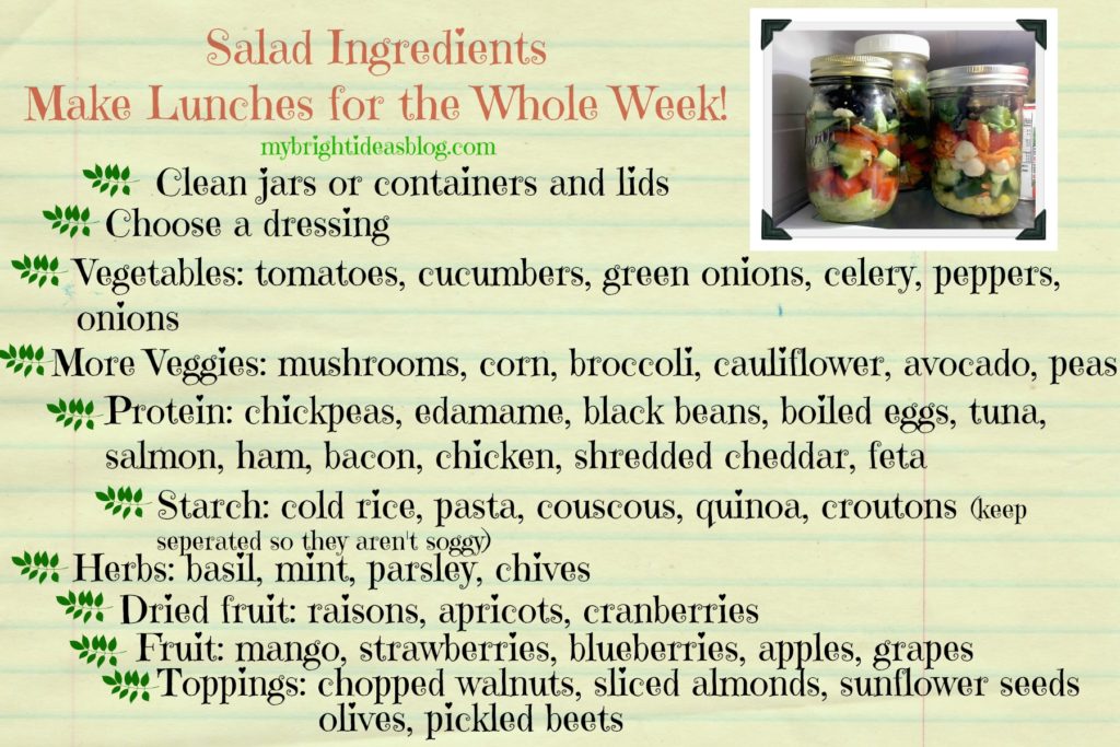 Salad Ingredients List. Prepare healthy lunches for the week by choosing your favorite salad fixings from this list. mybrightideasblog.com