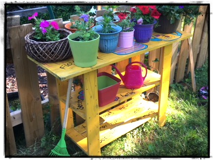 Add color to your garden with a Potting Table, Garden Work Bench. Take a simple pine shelf and upcycle it. mybrightideasblog.com