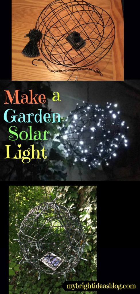 Make a DIY Solar Garden Light Sphere using two wire planters and a string of solar twinkle lights. mybrightideasblog.com