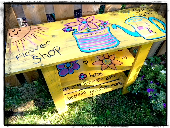 Add color to your garden with a Potting Table, Garden Work Bench. Take a simple pine shelf and upcycle it. mybrightideasblog.com