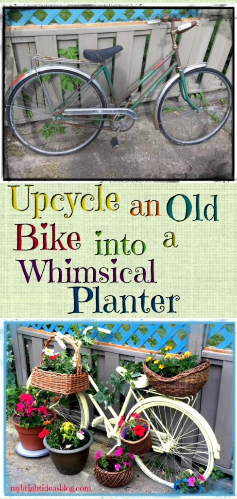 Upcycle an old/vintage bike with a coat of spray paint and some planter baskets. What a whimsical conversation piece! mybrightideasblog.com