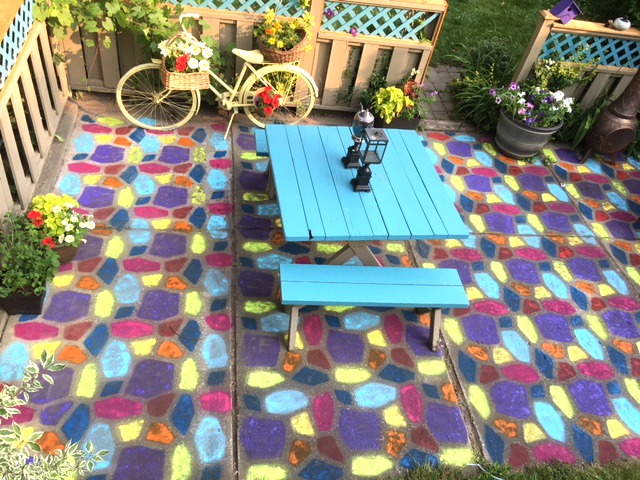 Give a tired old grey patio a complete makeover by spray painting a concrete mold to tiled effect. A brilliant way to add color to your backyard. mybrightideasblog.com