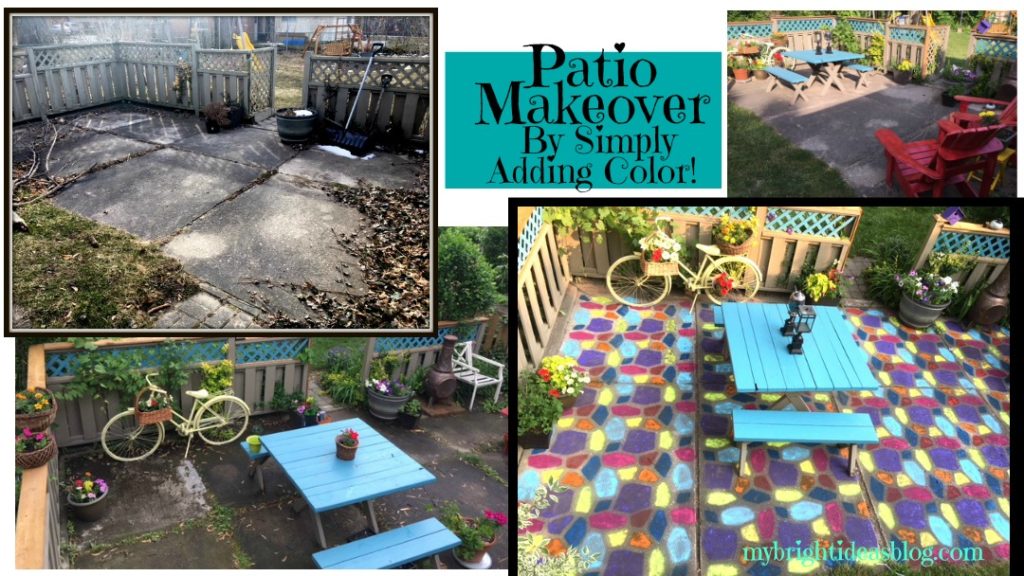 Give a tired old grey patio a complete makeover by spray painting a concrete mold to tiled effect. A brilliant way to add color to your backyard. mybrightideasblog.com