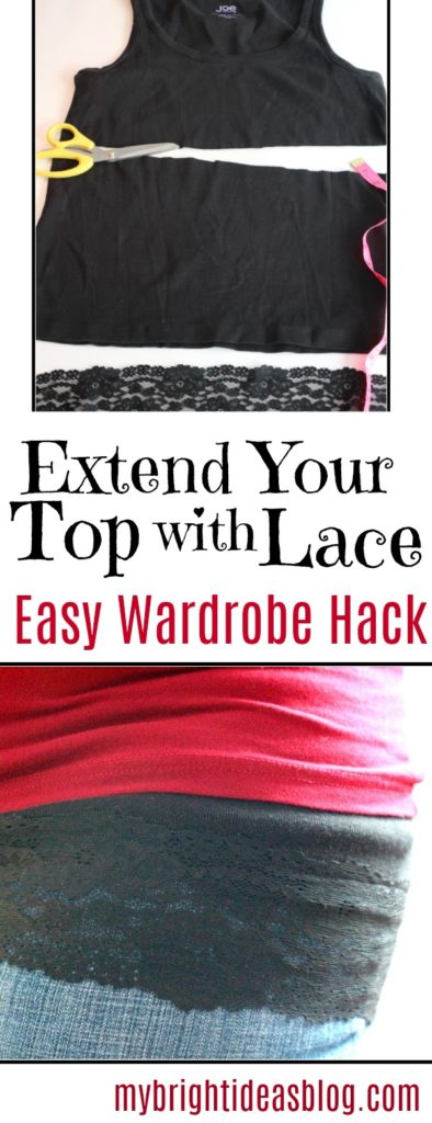 Extend a short top by adding a bit of lace. Upcycle an old top by adding lace and wearing it under your top for a layered look. 15 min wardrobe hack! mybrightideasblog.com