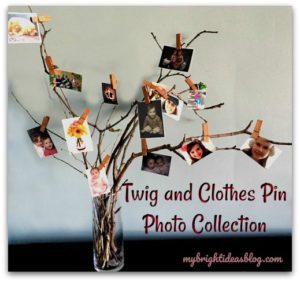 Make an easy photo display using twigs and clothespins! Great idea for family pictures. mybrightideasblog.com