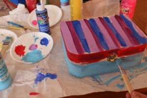 How to make a jewelry box from a dollar store bare wood treasure box. Easy kids crafts! mybrightideasblog.com