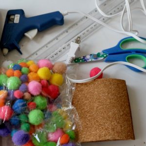 Bright Colorful Coasters! Easy craft project using PomPoms a 4 inch square of cork and your hot glue gun to attach the pom poms. mybrightideasblog.com